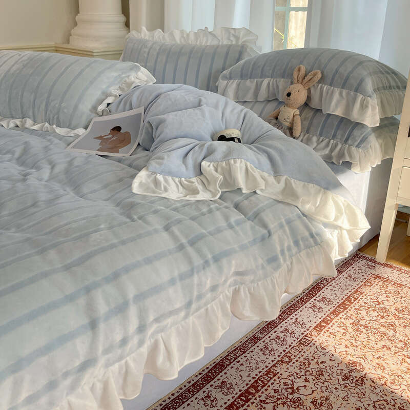 Ins Princess Wind Milk Four Winter Thickened Three Piece Set Double Sided Velvet Duvet Cover Bed Sheet Carving Flower Bedding 4