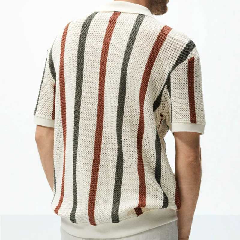 Summer New Short Sleeved Knit Mens Polo Shirt Panelled Lapel Trend Hollow Out Screw Thread Vertical Stripe Breathable Thin TopsX241028