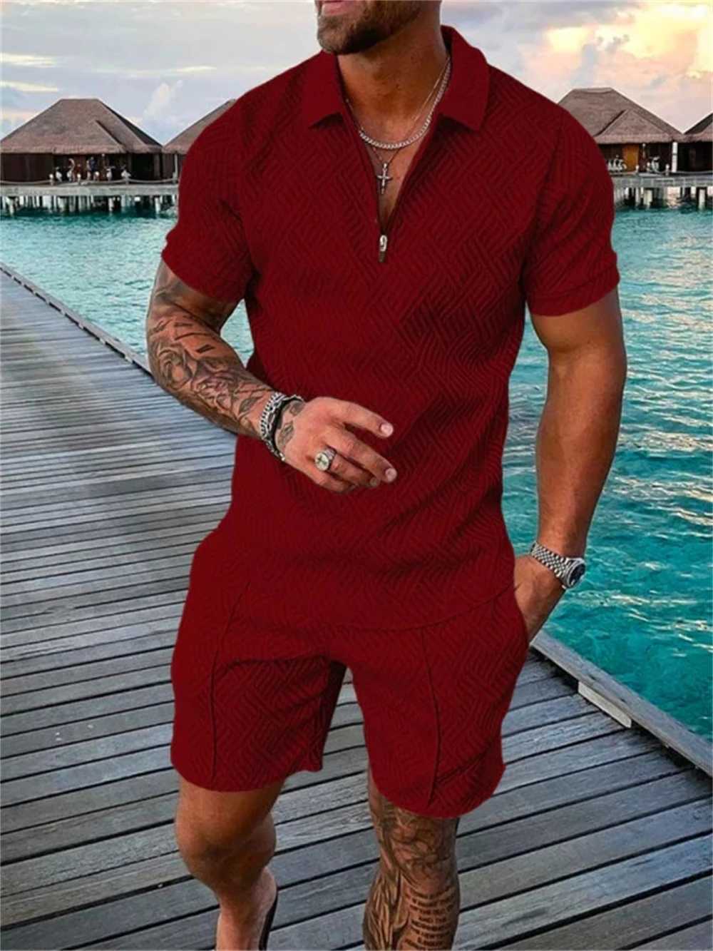 2023 New Summer Mens Shorts Set Short Sleeve Zip Polo Shirt Street T-shirt Two Piece Casual SportswearX241028