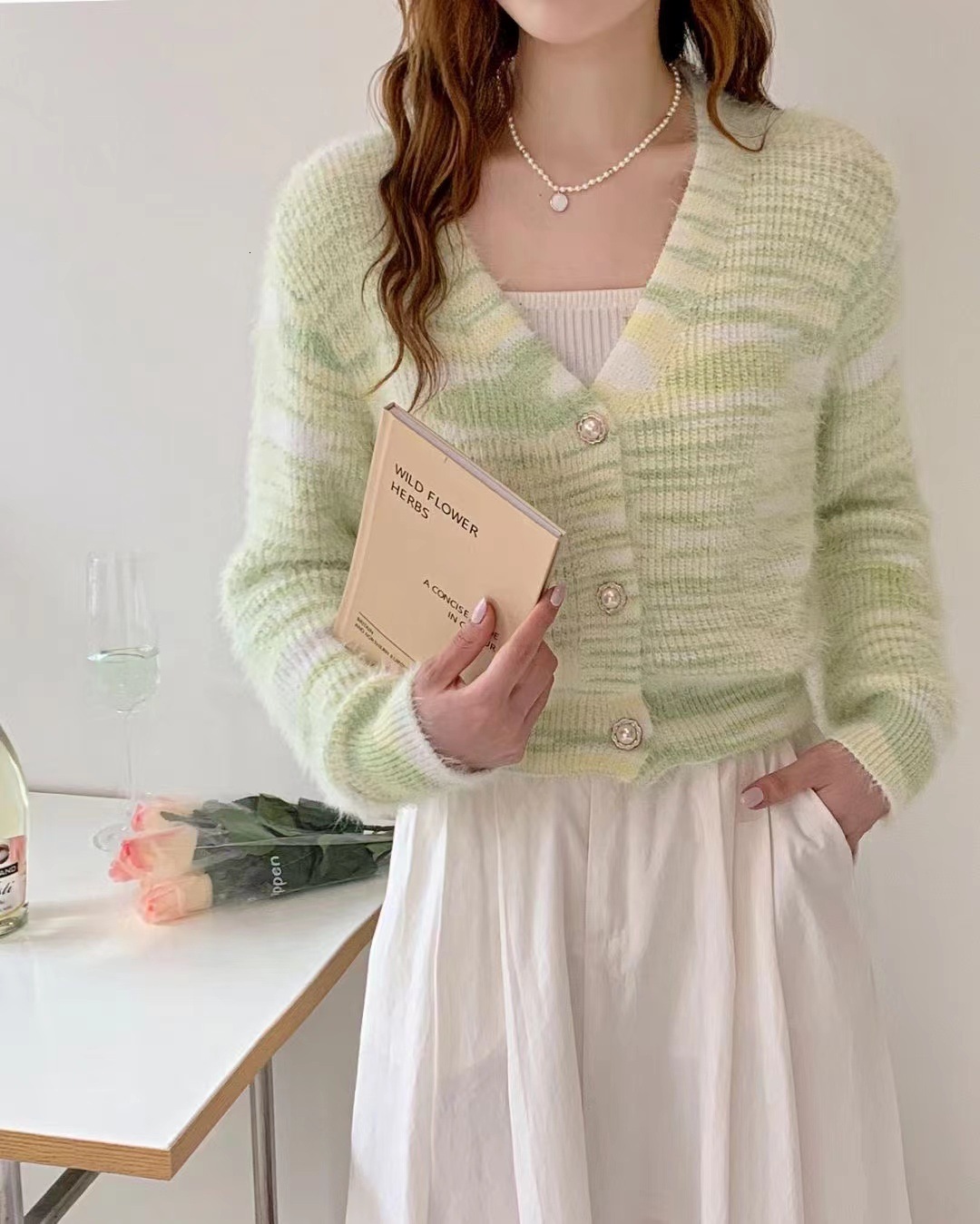 Colorful Striped Faux Mink Cardigan Women S Autumn And Winter Style V Neck Soft Glutinous Knitted Jacket Age Reducing Casual Chic Top F1029#40 ffcd0