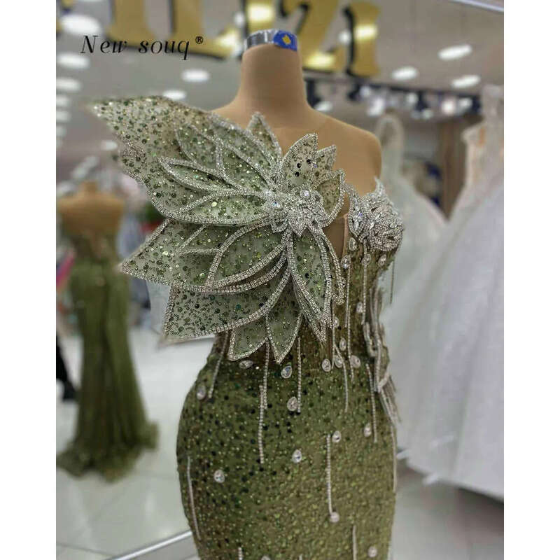 Army Green Glittering 3D Leaves Mermaid Evening Dresses Long Sleeveless Crystals Beaded Sequins Birthday Dance Party Gowns 0719