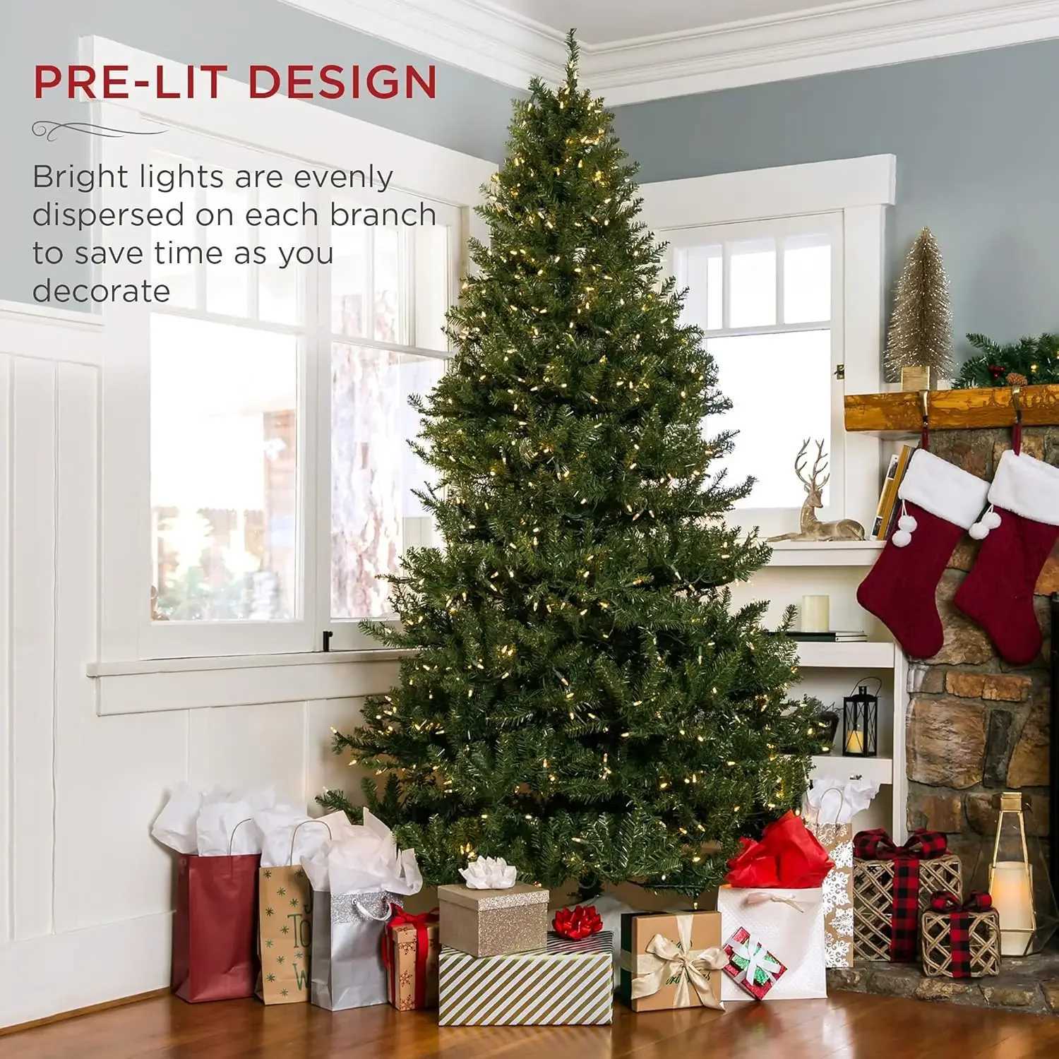 7.5-foot all hard artificial Christmas tree holiday decoration with 2254 branch tips 700 warm white lights foldable metal bracket W241029