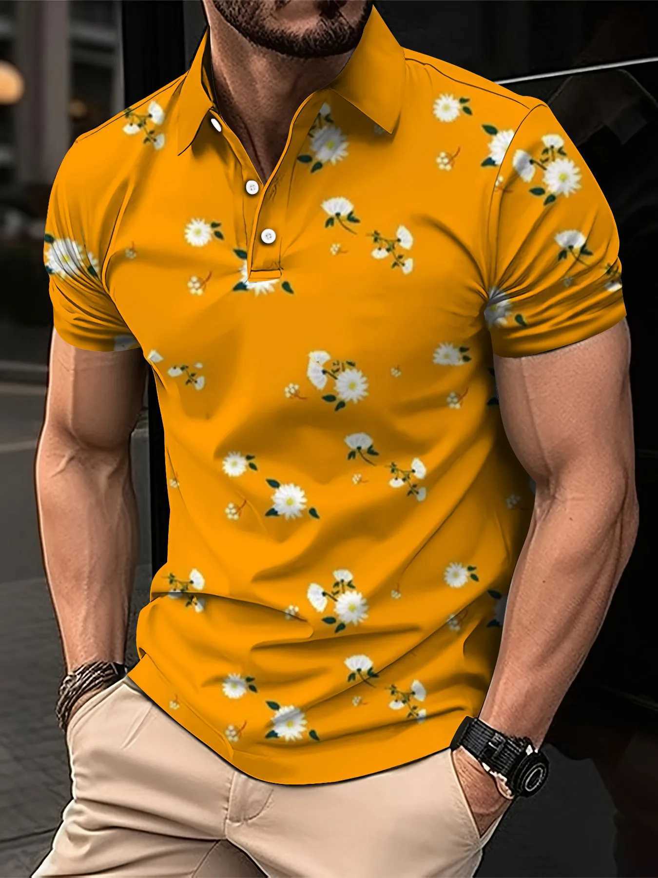 New Mens Polo Shirt Street Casual Short Sleeve Flower Print Buttons Tops Fashion Pullover Oversized Clothing Male Golf WearX241028