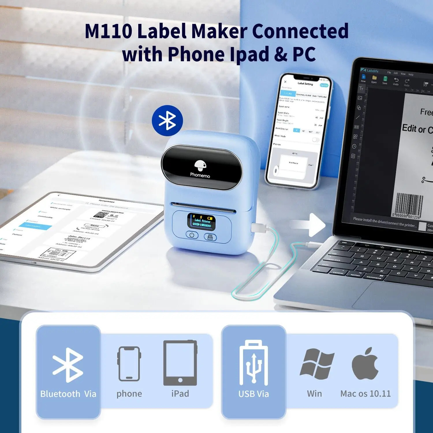 Phomemo M110 label manufacturer barcode label printer Bluetooth portable thermal printer for small commercial address clothing 241029