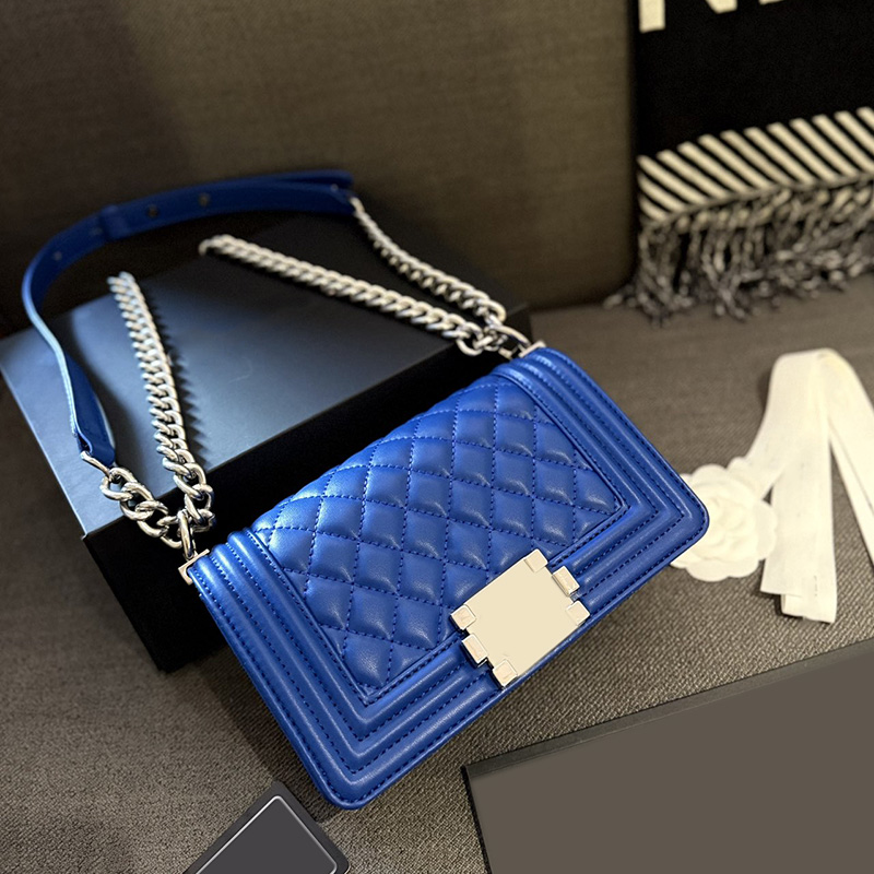 9 Colors 20CM Lambskin Womens Designer Classic Mini Boy Bags Quilted Purse Silver Metal Hardware Chain Crossbody Shoulder Luxury Handbags Outdoor Sacoche
