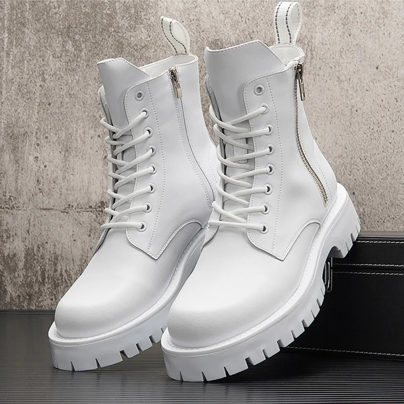 White Men Casual boots Punk High Tops Motorcycle Ankle Boots Height Increasing shoes Zapatillas Hombre 241028
