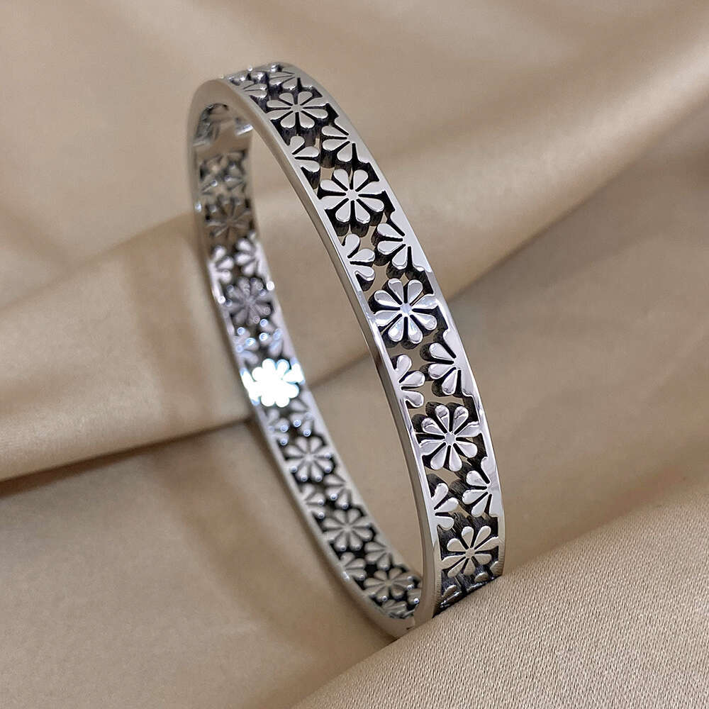 Greatera Stainless Steel Hollow Daisy wer Cuff Bracelet Bangles for Women Gold Plated ral Bracelets Waterproof Jewelry