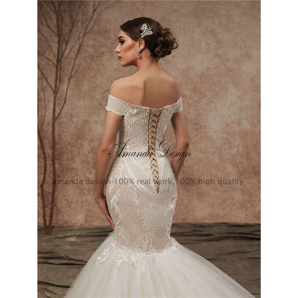 Amanda Design New Arrival Custom Made Champagne Off Shoulder Lace Applique Mermaid Wedding Dress 0227Lz