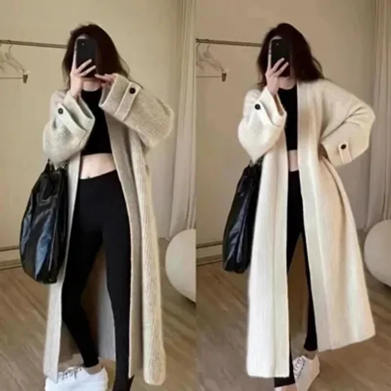 Long Sleeve Knit Sweater Cardigan Loose Long Coat Autumn Winter Women Clothing Casual High Street Vintage Simple Oversize Thick 241028