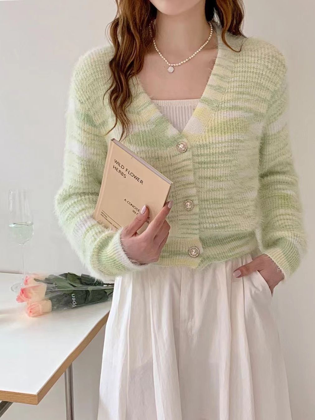 Colorful Striped Faux Mink Cardigan Women S Autumn And Winter Style V Neck Soft Glutinous Knitted Jacket Age Reducing Casual Chic Top F1029#40 ffcd0