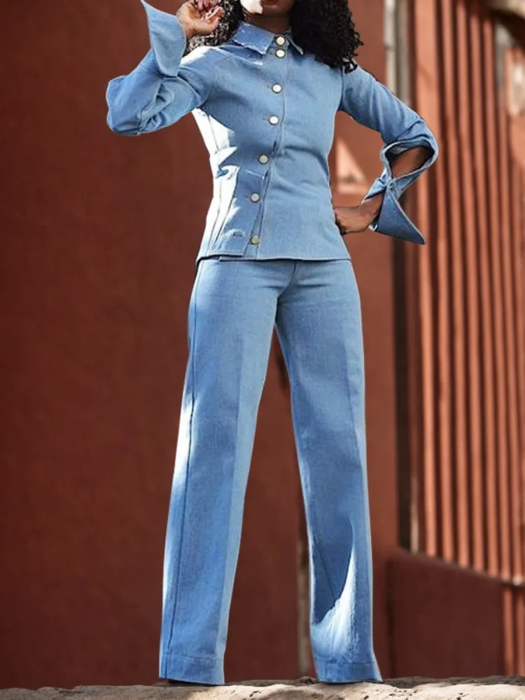 Freeacy Womens Autumn Pants Set Lapel Collar Long Sleeve Slanted Single-breasted Shirt Top and High Waist Straight Pants 241028