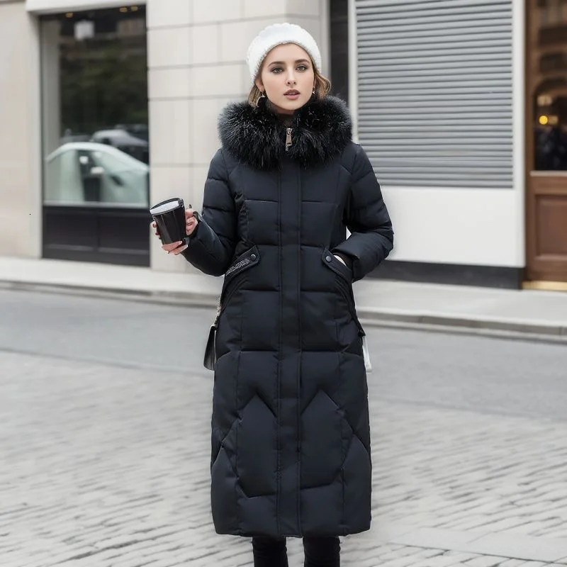 Parkas Winter Womens Jacket Long Coat 2024 Thick Coat Fur Collar Hooded Zipper Warm Chiffon Womens Apron 2