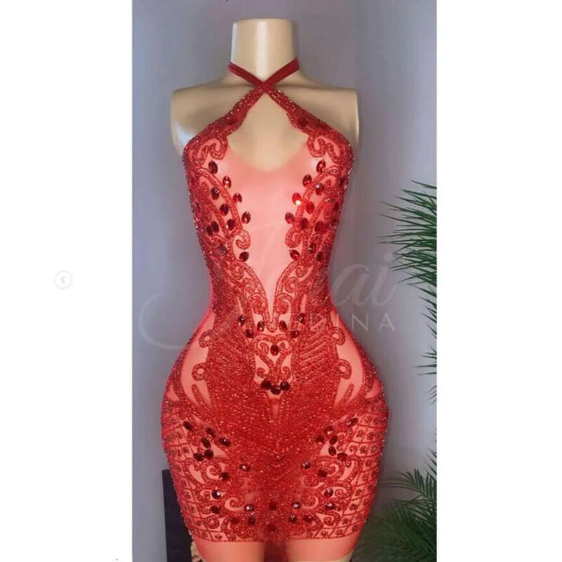 Red Sexy Short Prom Party Queen Dresses Sparkly Dia Crystal Halter Feather Sheer Mesh Mini Birthday Gown For Black Girl 0603