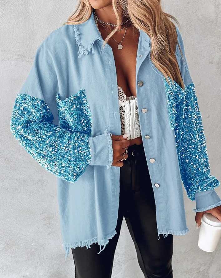 Women's Jackets Womens Contrast sequin raw hem shaver casual clothing new autumn color lock womens fashionable warm long Sleve loose jacket Y2410