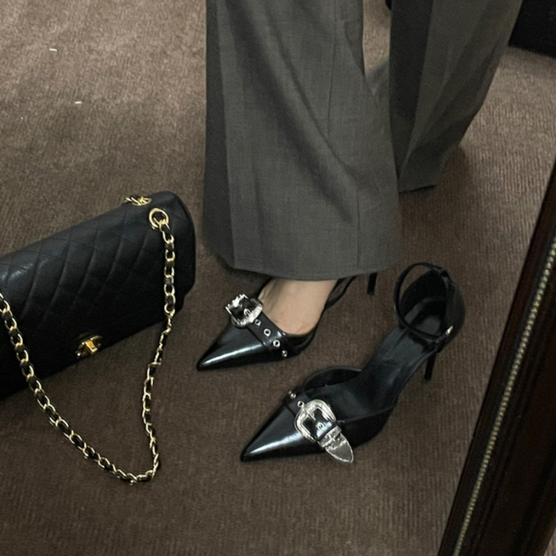 European and American Black Pointed Spring Summer Fine Heel Metal Buckle High Heels