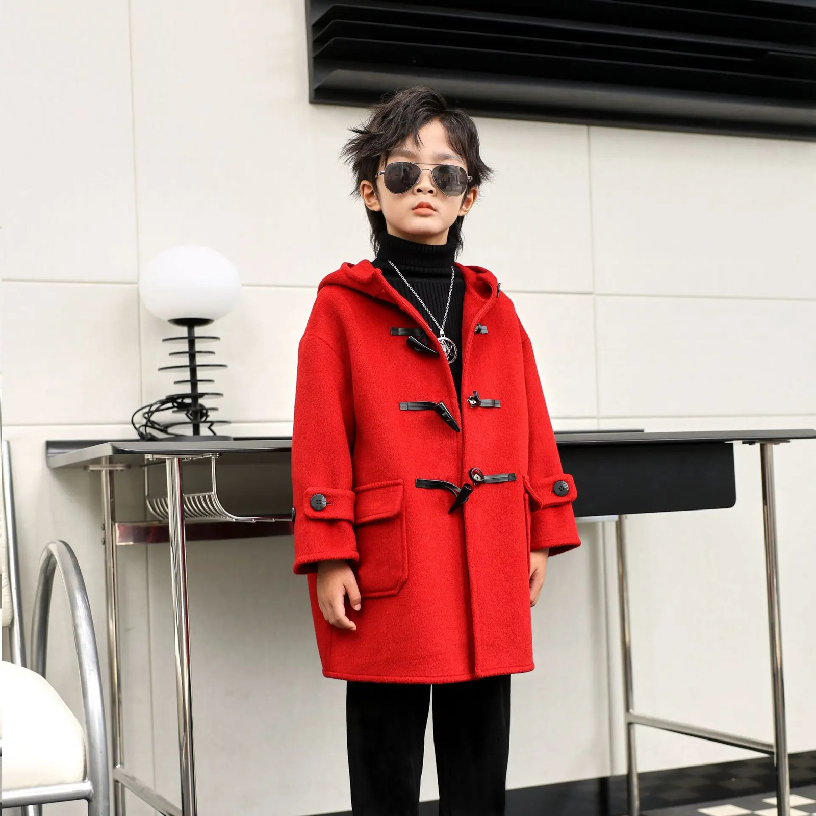 Boys Girls Windproof Outdoor Long Jacket Children Winter Red Green Wool Coat Kids Fromal Birthday Party Pography Woolen Coat 241028