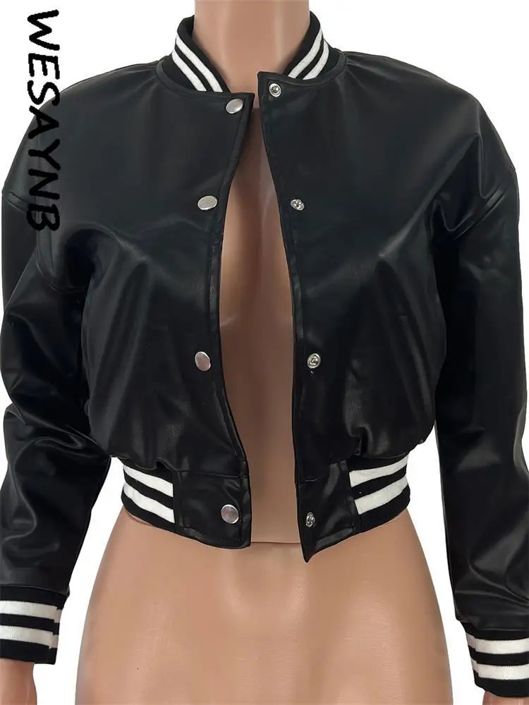 Baseball Patch Fashion Fall Pu Womens Leather Jacket Button Black Crop Top Coat University Bomber Jacket 241029