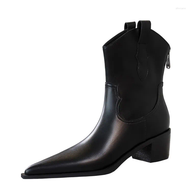 Boots Woman Flat Autumn Shoes Zipper Boots-Women Winter Footwear Low Rubber Fashion 2024 Pointy Ladies Med