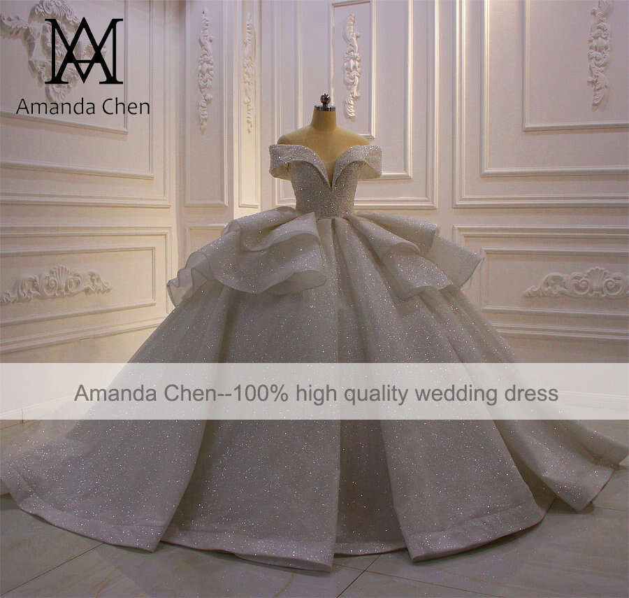 Robe Mariage Femme Off Shoulder Pleat Folds Glitter Shiny Wedding Dress 0227Lz