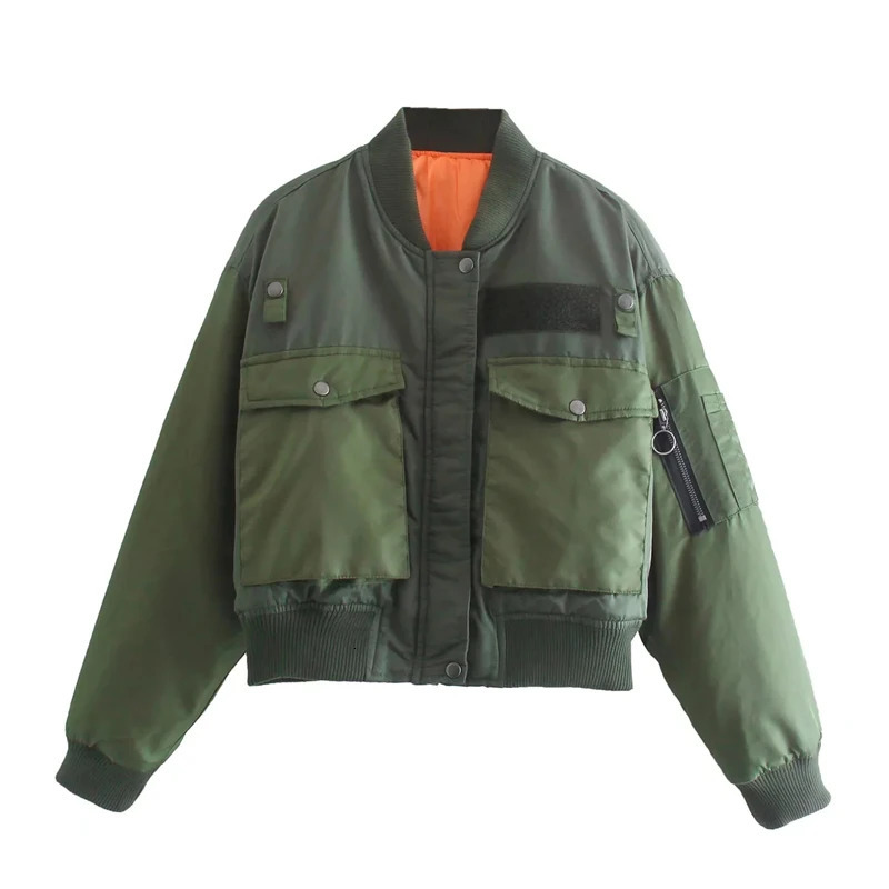 Women Contrast Pockets And Sleeves Bomber Jacket Padded In Khaki Green 241028
