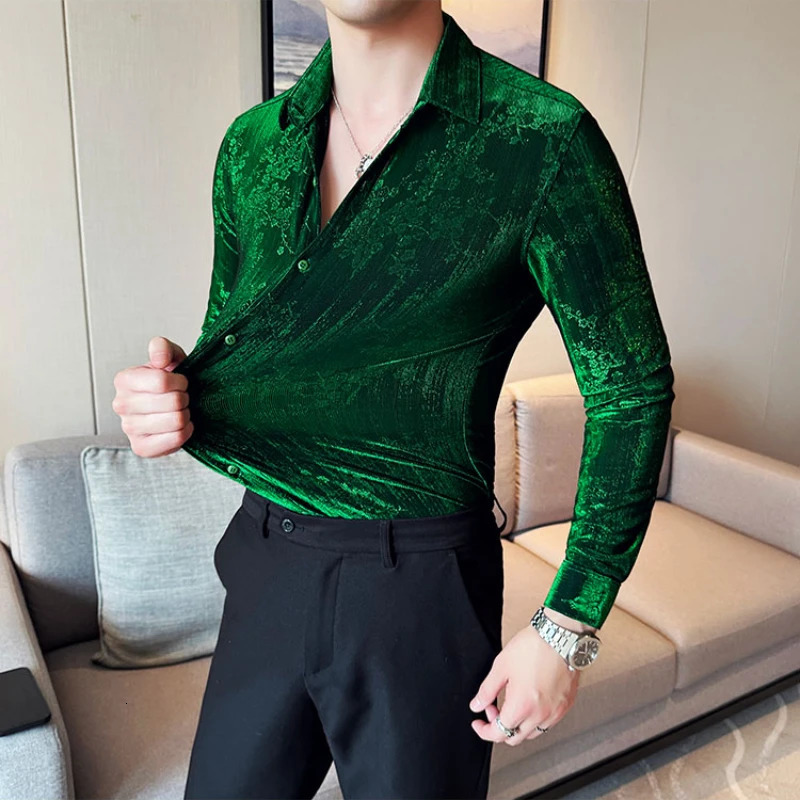 retro velvet mens autumn long sleeved slim casual shirt fashionable jacquard business social mens clothing 241028