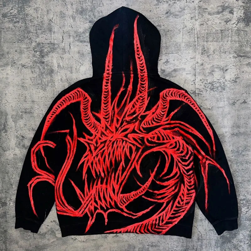 Gothic geometric printed oversized long-sleeved hoodies for men y2k streetwear American vintage baggy sweatshirts 241028