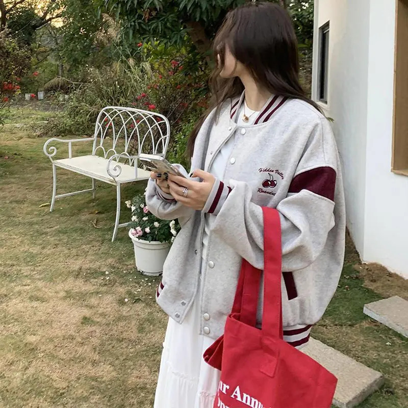 Fashion Cherry Embroidered Jacket Womens Clothing American Retro Baseball Collar Spring Autumn Loose Casual Street Clothing Jacket 241029