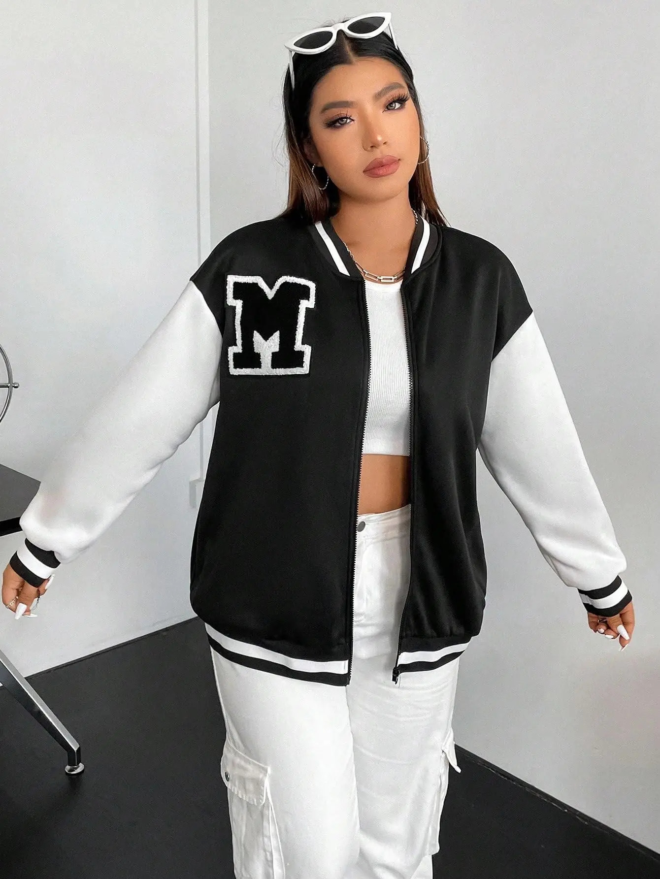 WDIRAA womens plus size letter patch stripe border zipper long sleeved colorful lock baseball bomber jacket 241029