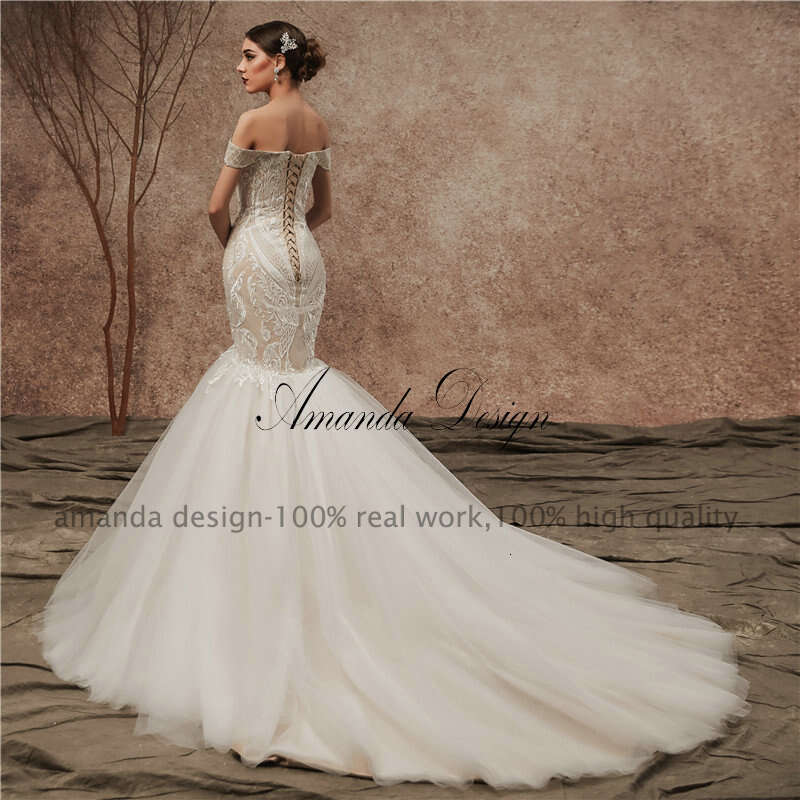 Amanda Design New Arrival Custom Made Champagne Off Shoulder Lace Applique Mermaid Wedding Dress 0227Lz