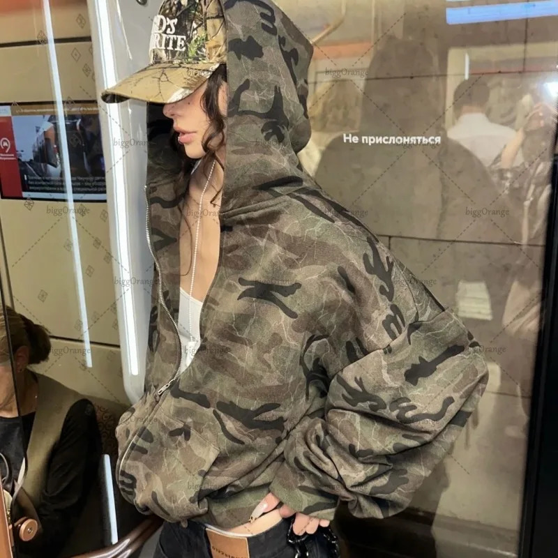 Y2K Harajuku Retro Camouflage Zipper Hoodie Hip-hop Punk Trend Streetwear Jacket Women Fashion Casual Loose Sweatshirt 241028