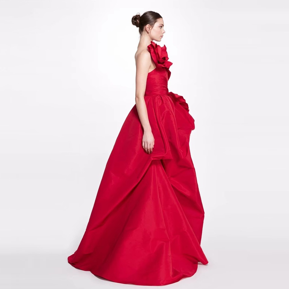 Customized Red Satin Prom Gown A-line 3D Big Flower Evening Formal Elegant Floor-Length One Shoulder Party Dresses 2024