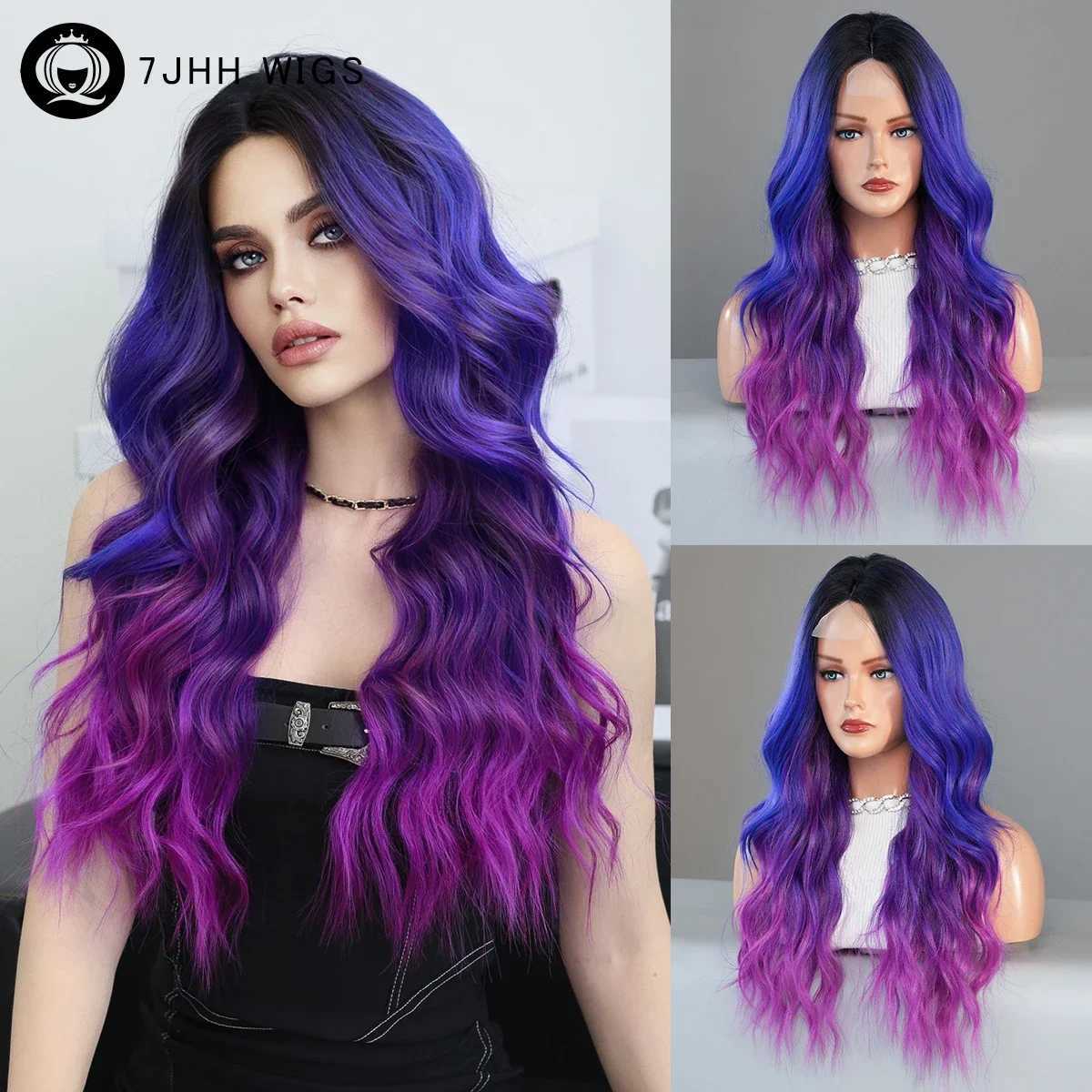 New Arrival High definition transparent lace front wig blue Ombre purple body wave wig with bangs high-density synthetic lace front part wig Z241028