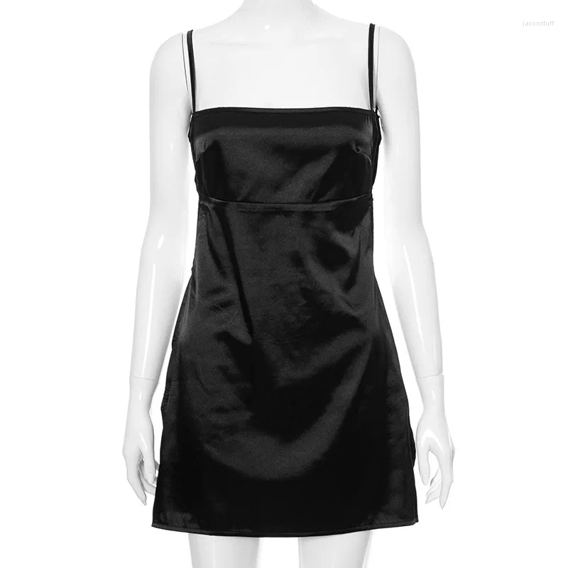 Casual Dresses Punk Summer Spaghetti Strap Mini Dress Women Sexy Slit Bodycon Club Party Backless Chic Satin Silky Black Short Sundress
