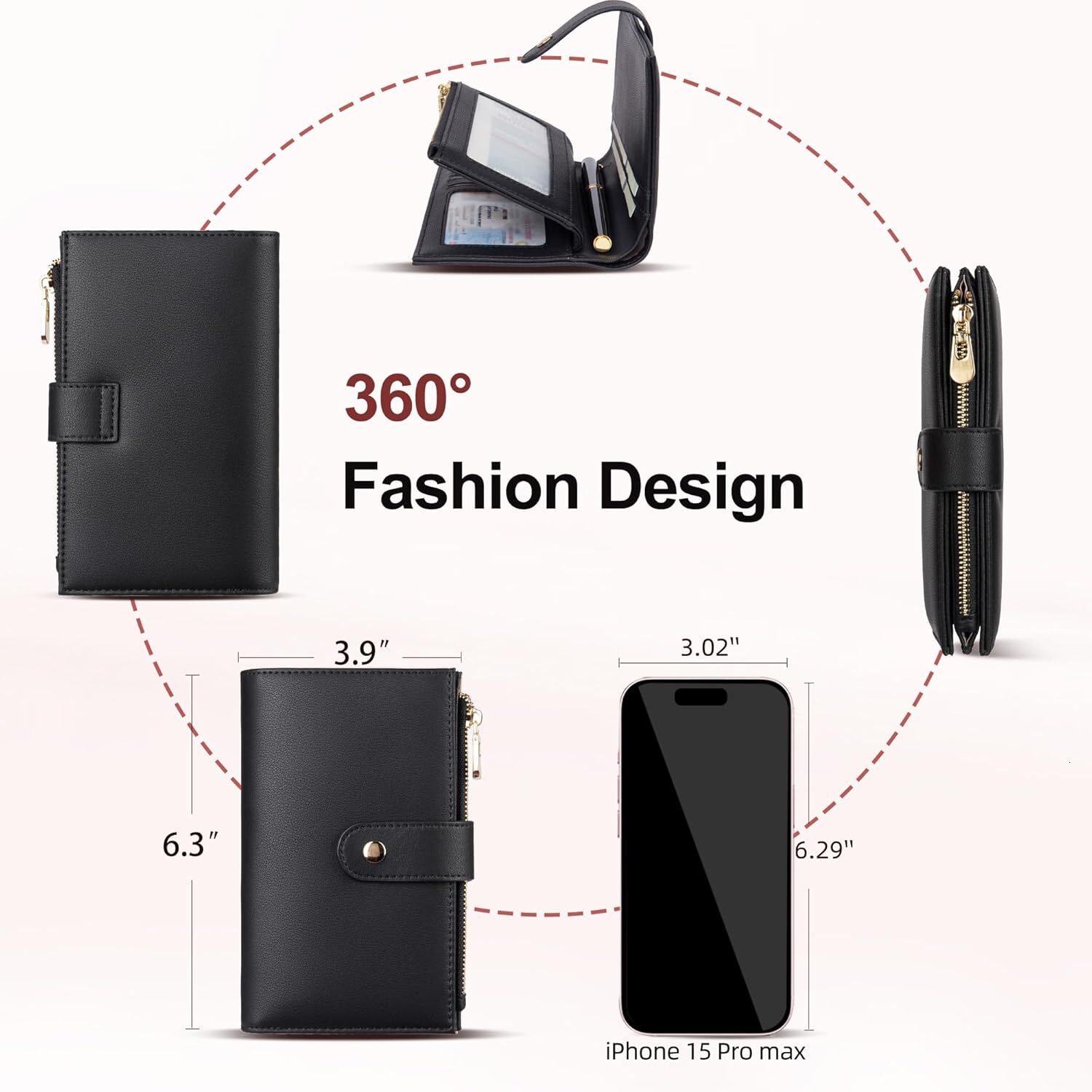 Yiijay Shielded Artificial Leather Triple Fold Handbag Credit Card Bag Women's Travel with Pen Bag, 1 Black, RFID Wallet