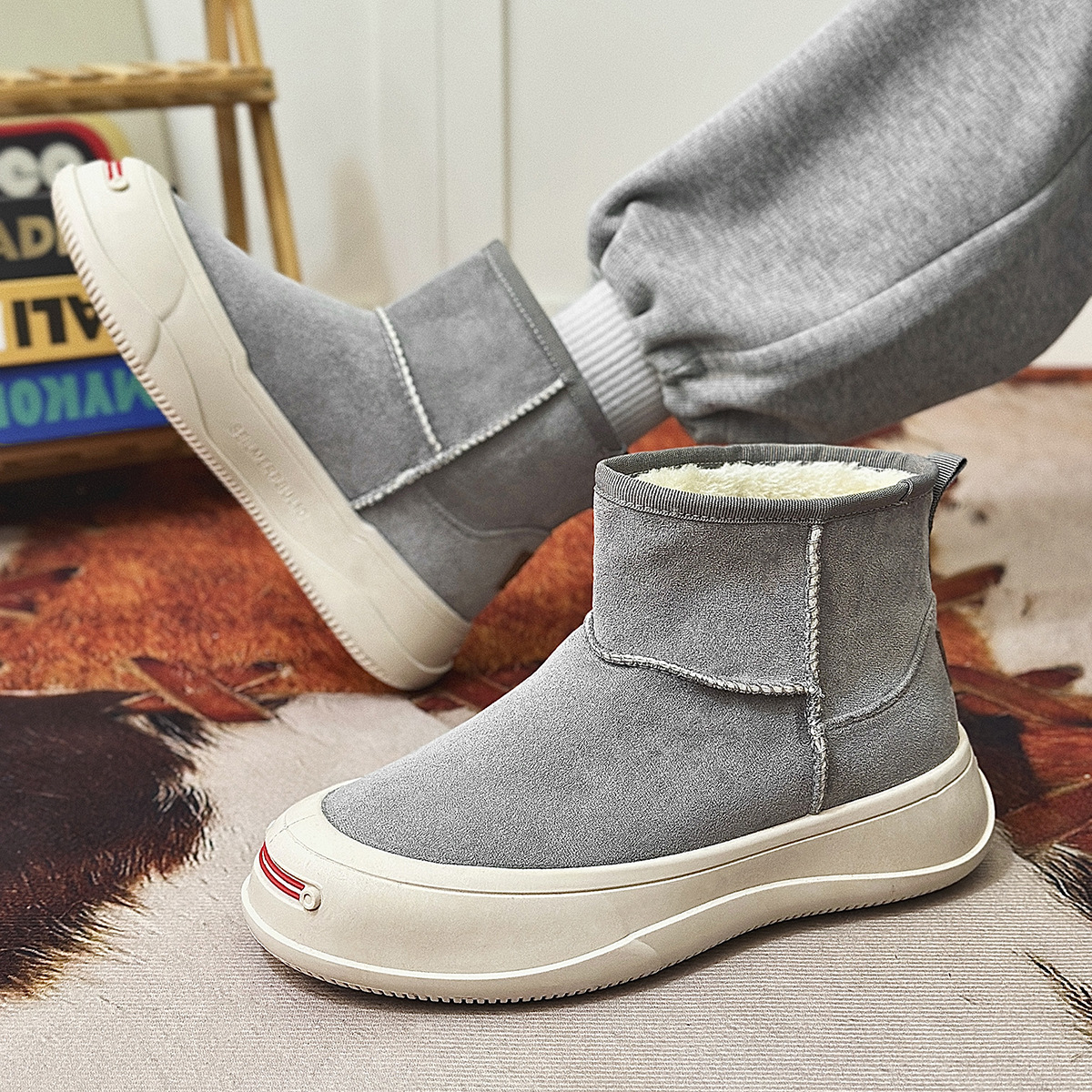 Snow boots men's boots cotton boots high top leather boots trend 2024 autumn and winter new cotton shoes plus wool men's shoes in large size