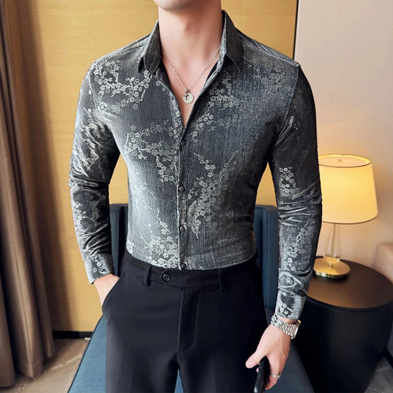 retro velvet mens autumn long sleeved slim casual shirt fashionable jacquard business social mens clothing 241028