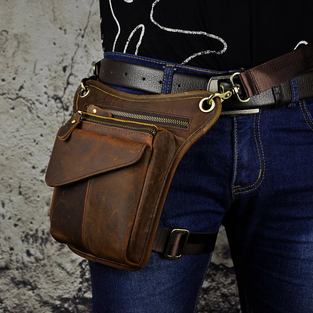 Quality Leather Men Casual Brown Classic Shoulder Sling Bag Multi-function Fashion Travel Waist Belt Pack Leg Bag 211-3 241028