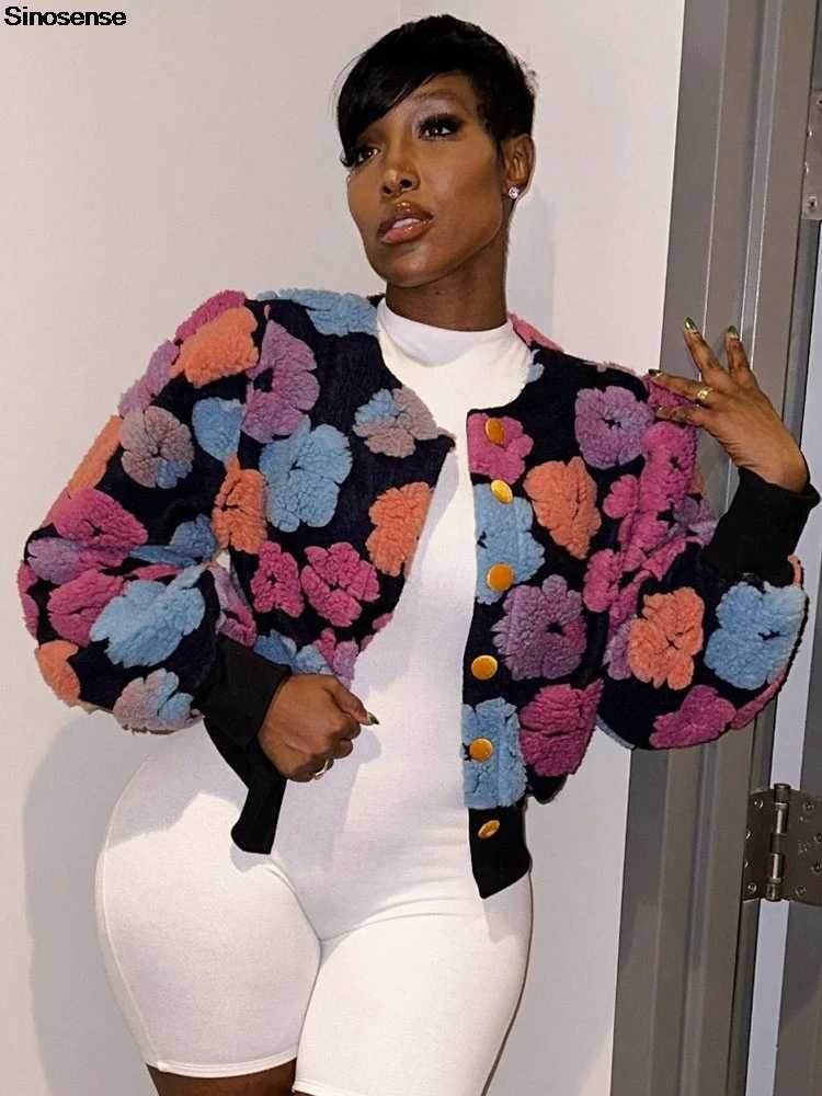 Women's Jackets Womens Cropped Floral Print Jacket Long Slve Flce Warm Bomber Jacket Lightweight Button Down Daily Wear Outerwear Coats Y241029X2