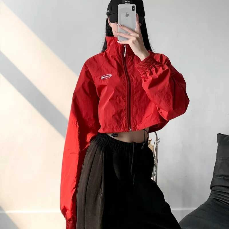 Women's Jackets Cropped Track Jacket Womens Retro Zipper Windproof Underwear Y2k Korean Fashion Gorpcore Girls White Black Short Coat Y241029KMT4