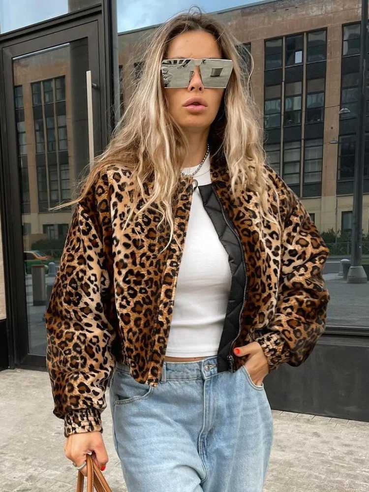 Women's Jackets Women Fashion Leopard Print Bomber Jacket Casual Loose Long Slve Zipper Cropped Coat 2024 Autumn Lady High Strt Outerwear Y241029