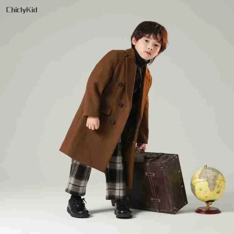 Boys Autumn Winter Solid Fashion Double-breasted Long Woolen Coat Kids Windbreaker Jacket Children Outerwear Thick Overcoat 241028