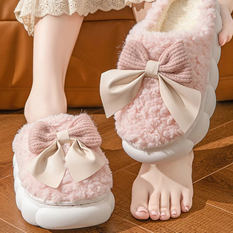 Winter Warm Fur Slippers for Women Cute bow House Non Slip Soft Shoes Comfort Flat Heel Home Indoor Bedroom Plush Slippers 241028