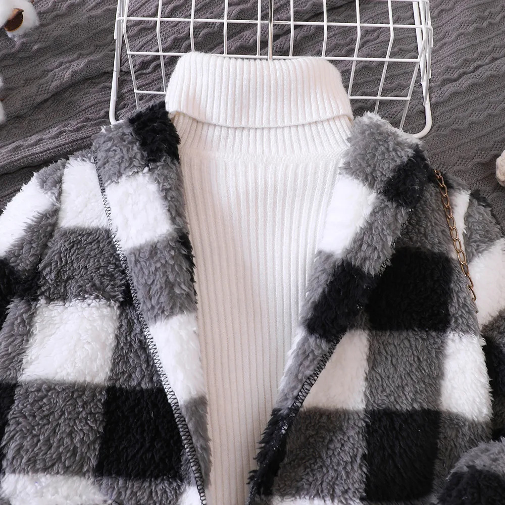 Kids Casual Coat for Girls Clothes Autumn Winter Child Long Sleeve Plaid Fur Thicken Long Outwear Knitwear not Include 241028
