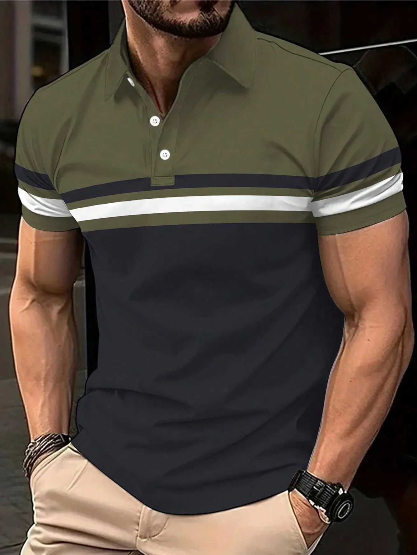 Summer Mens Polo Shirt Button Collar Short Sleeve Pullover Casual Sports Solid Color Striped Lapel Trend Mens T Shirt TopsX241028