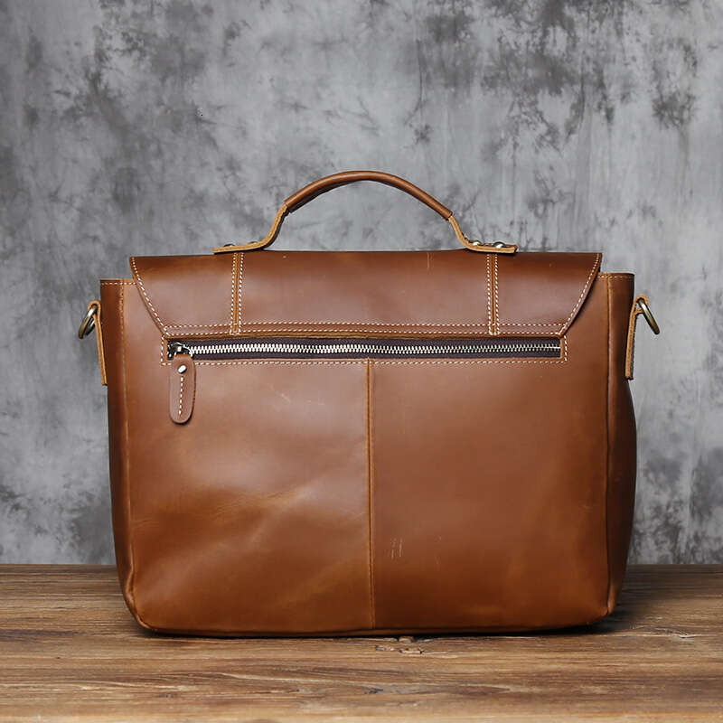 Vintage Men's Briefcase Crazy Horse Leather Handbag Casual Natural Cowhide Computer Shoulder Messenger Bag
