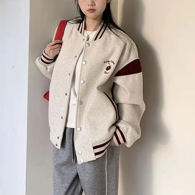 Fashion Cherry Embroidered Jacket Womens Clothing American Retro Baseball Collar Spring Autumn Loose Casual Street Clothing Jacket 241029