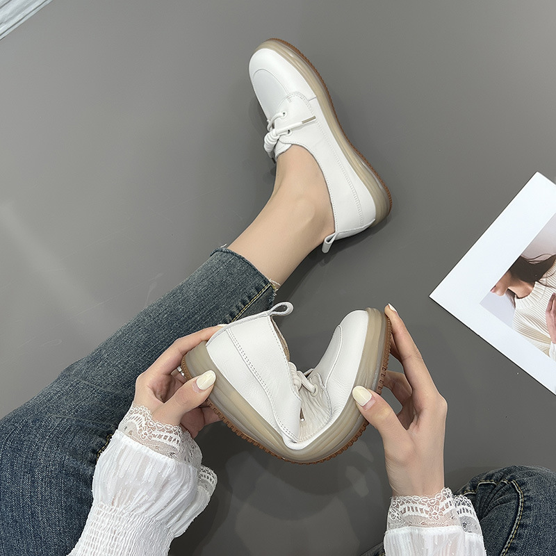 Head layer cowhide soft bottom soft surface shallow mouth single shoes maternity breathable hollow casual shoes 2024 jelly bottom small white shoes fe