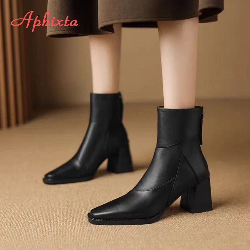 Aphixta Leather Women Ankle Boots Back Zipper Close Modern Boots High Heels Shoes Woman Boats botines para mujeres 241028