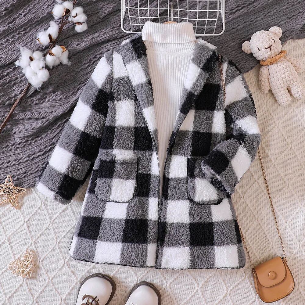 Kids Casual Coat for Girls Clothes Autumn Winter Child Long Sleeve Plaid Fur Thicken Long Outwear Knitwear not Include 241028