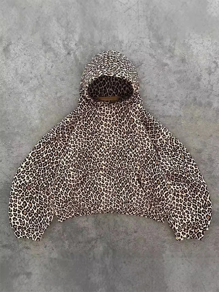 Traf women 2024 Leopard Print Hoodies Women Y2k Streetwear HipHop Harajuku Cheetah Print Hooded Sweatshirt Vintage Autumn Winter 241028